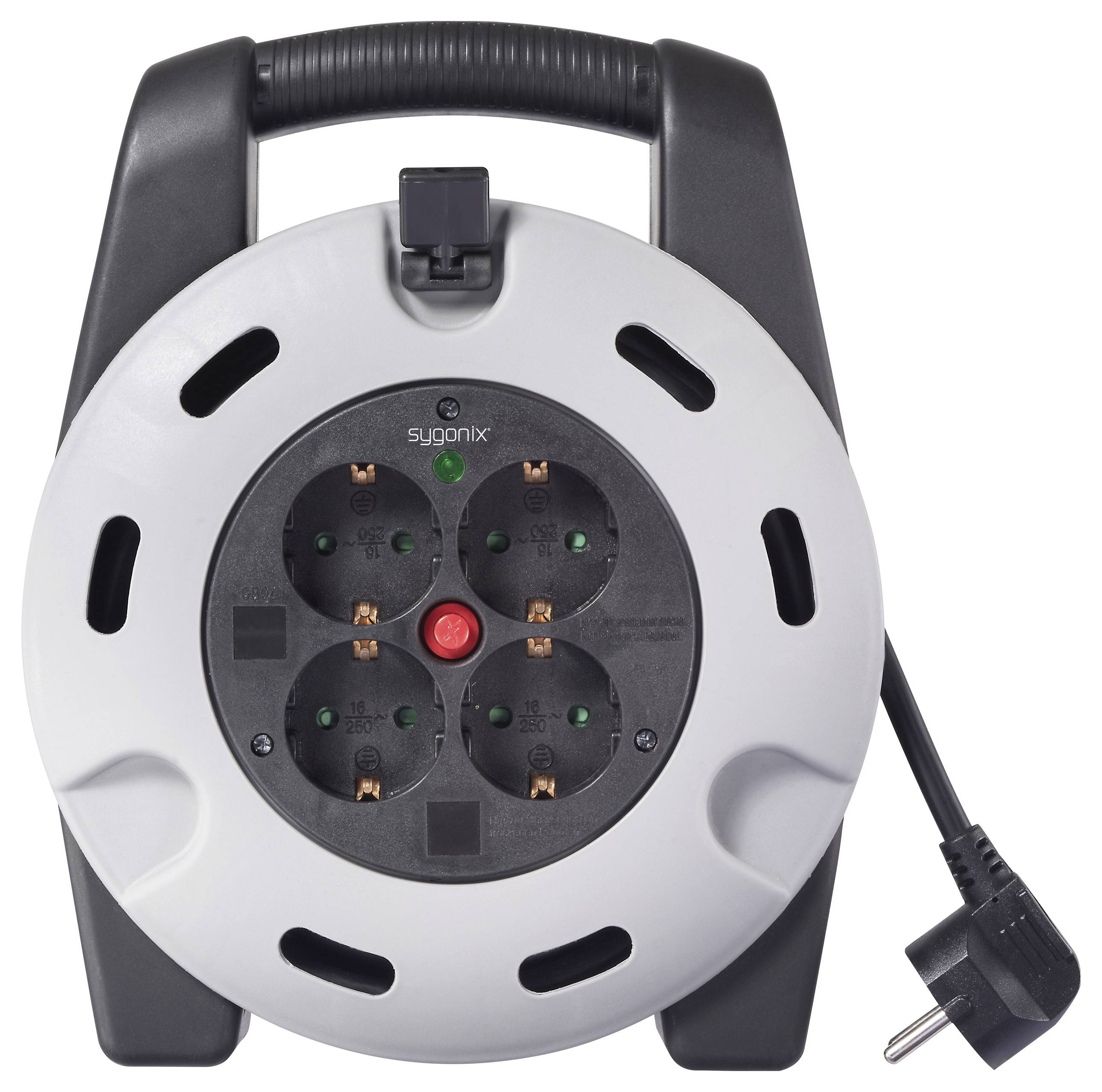 A compact cable reel with a handle, featuring four electrical sockets and a plug.