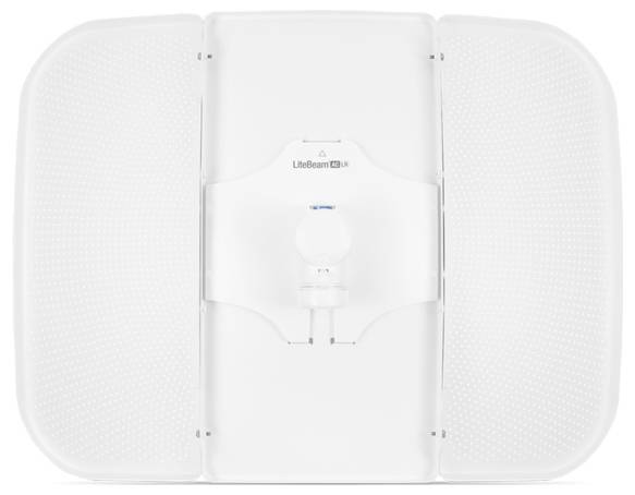 A white Ubiquiti LiteBeam AC antenna, front view, with perforated panels on each side, designed for directional long-range wireless connectivity.