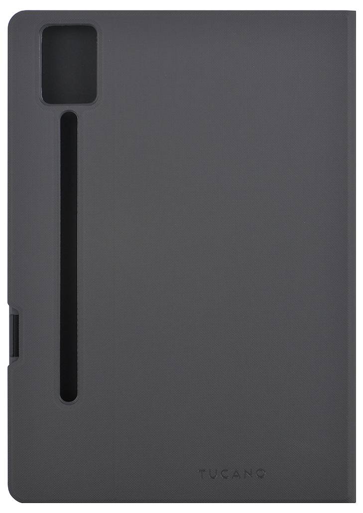 Black tablet case with camera slot and stylus holder, featuring the logo 'Tucano' at the bottom center.