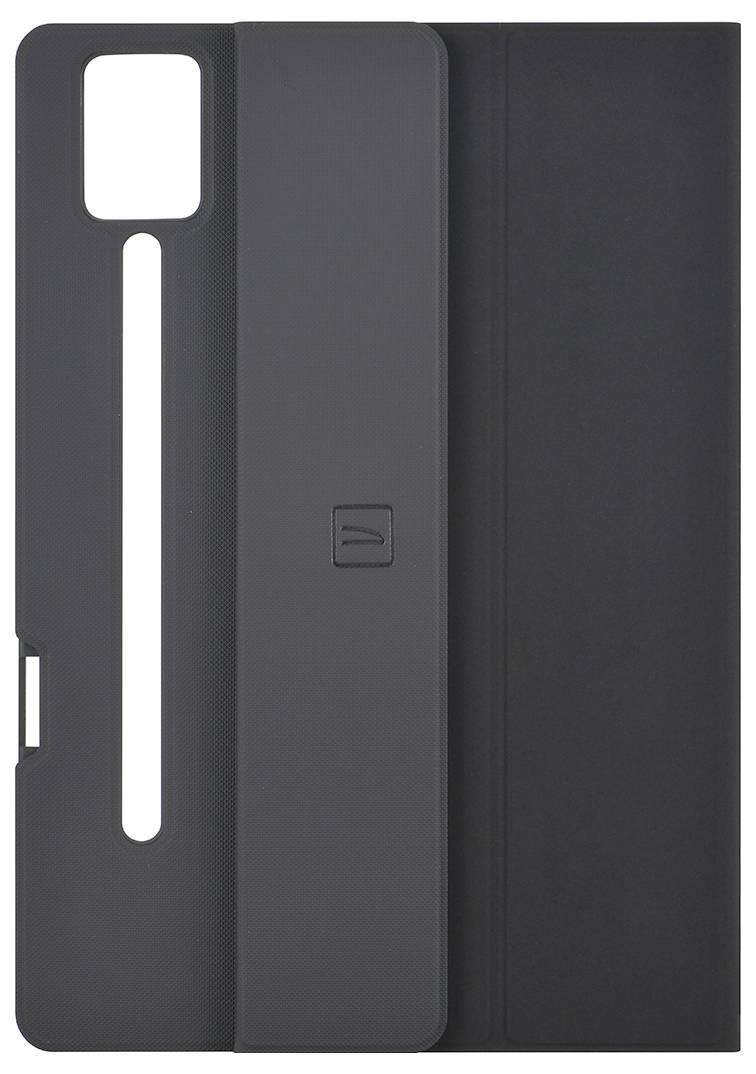 A black protective case designed for a device with cutouts for cameras and buttons, showing a slot for accessories on its back.