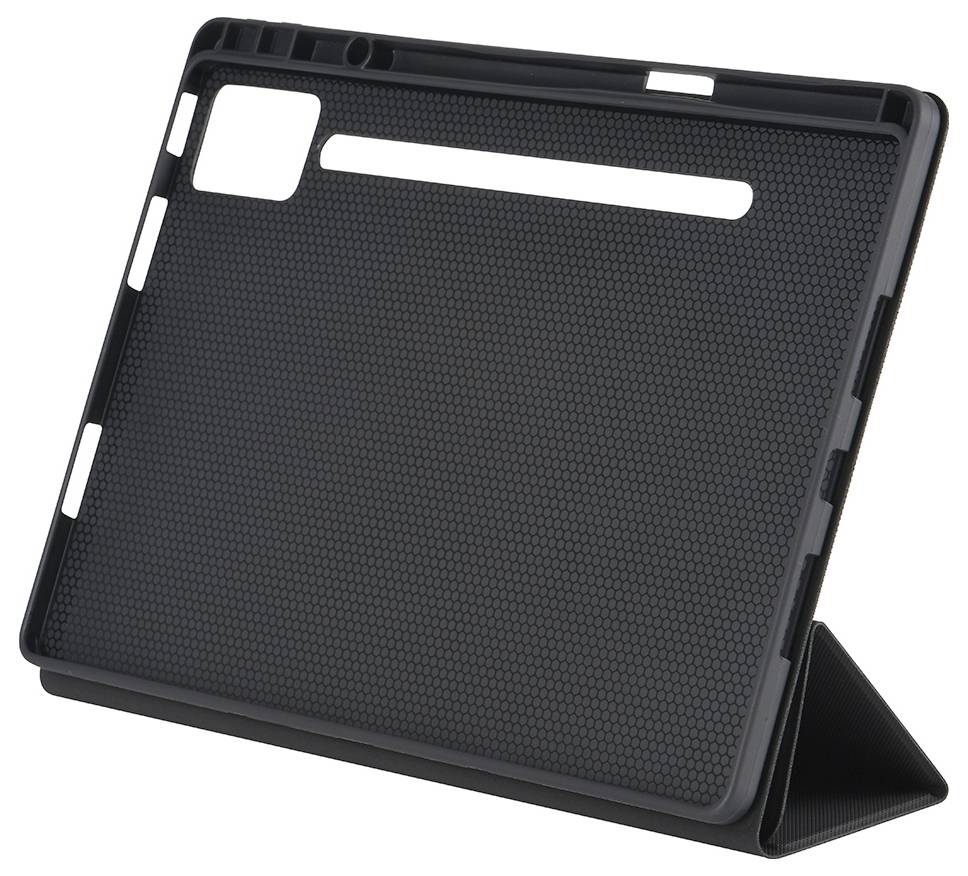 A black tablet case with a textured back and stand feature, designed for a camera and buttons, shown from a back angle.