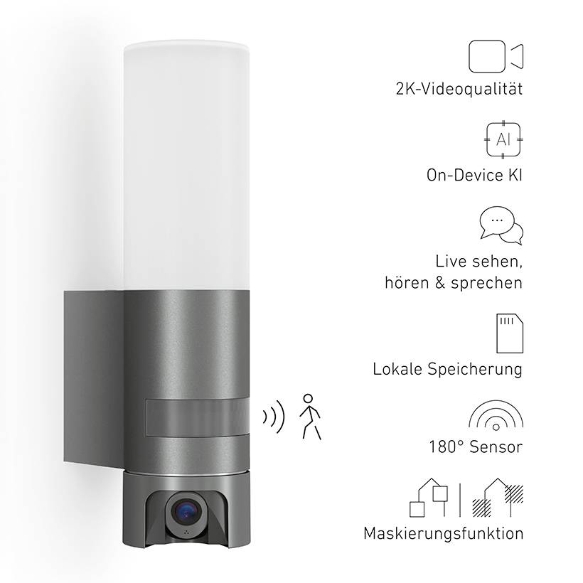 A modern outdoor light with integrated video camera features: 2K video quality, on-device AI, live interaction, local storage, 180° sensor.