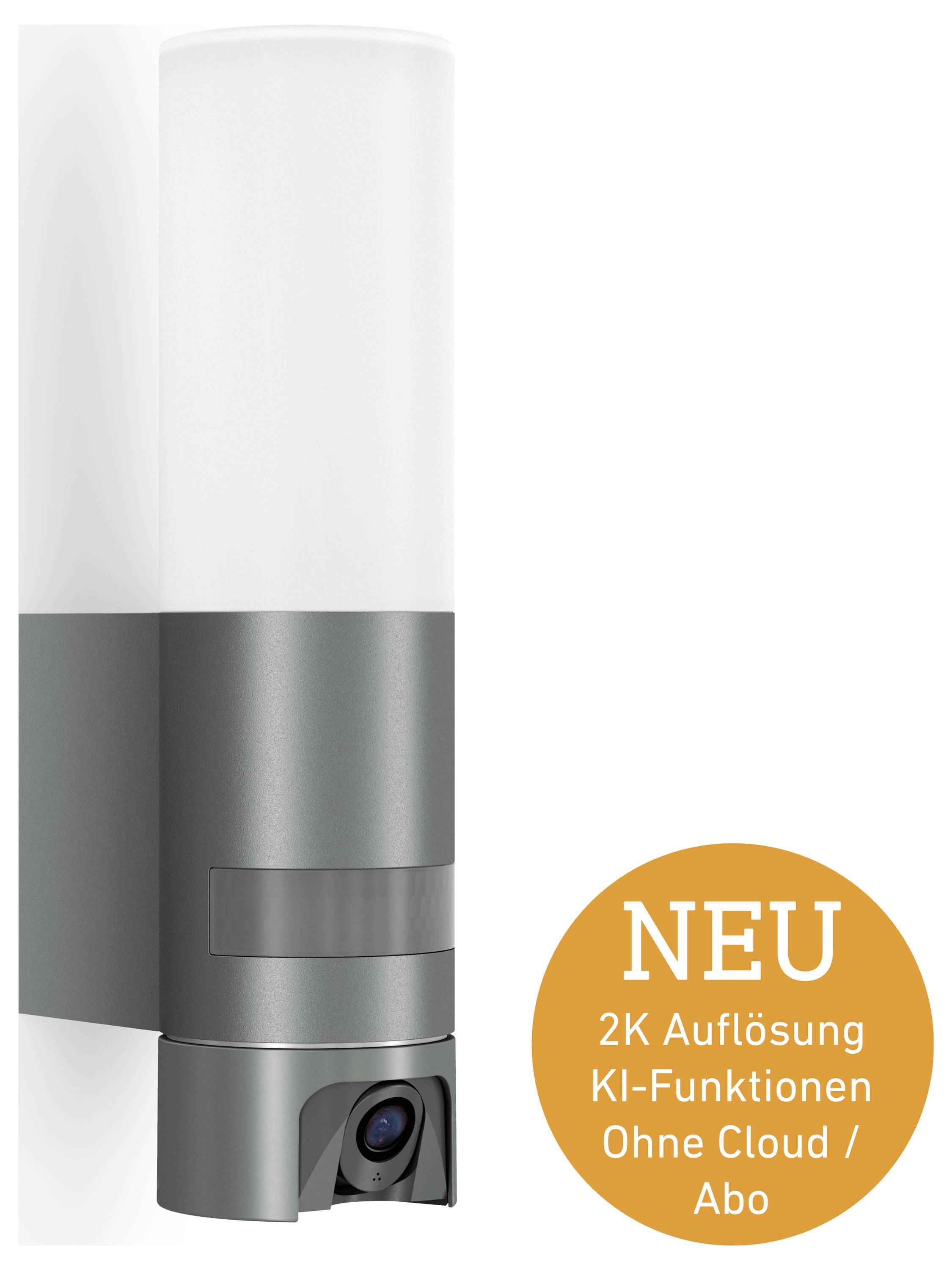 Outdoor security camera with integrated light. Features '2K resolution, AI functions, no cloud/subscription' in orange circle.