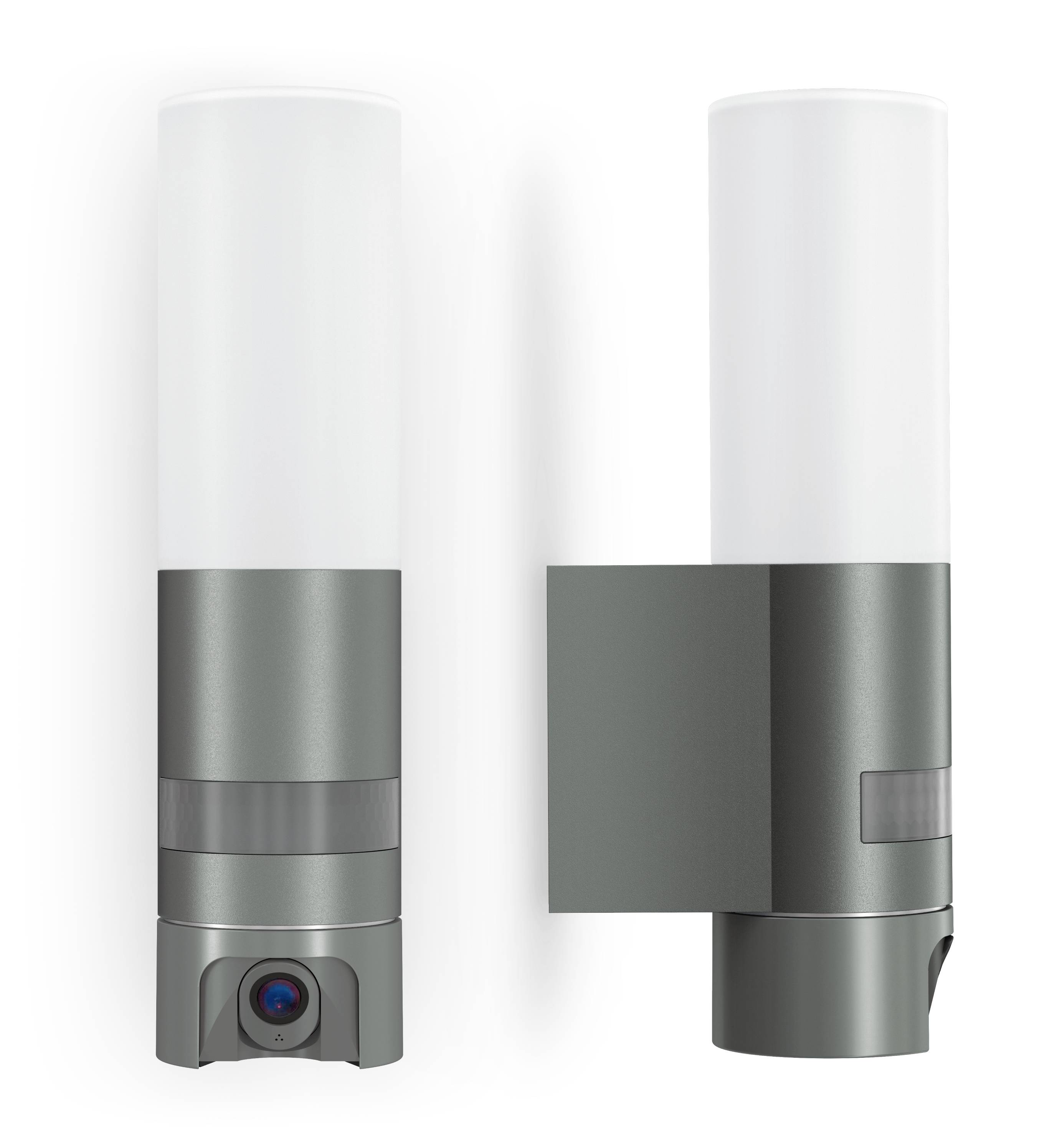 Two smart outdoor security wall lights with integrated cameras, featuring sleek cylindrical designs and motion sensors, in a metallic finish.