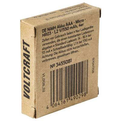 Cardboard VARTA battery box labeled 'DE NIMH Akku AAA Micro' with capacity details and a barcode on the front.