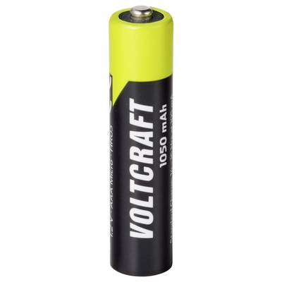 Single Voltcraft 1050 mAh AA battery with black body and yellow top, shown upright on a white background.