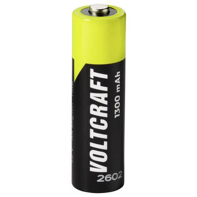 Black and yellow Voltraft 1300 mAh AA battery standing upright on a white background.