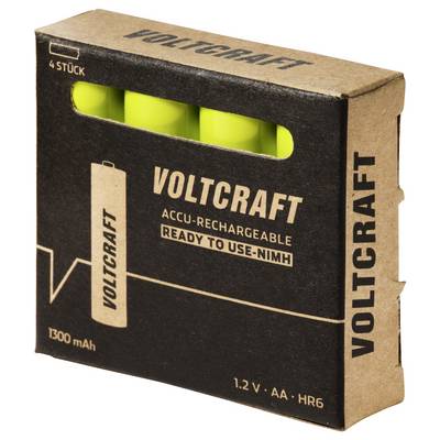 Voltcraft rechargeable AA batteries in black cardboard packaging with a window showing four yellow cells, labeled 1800 mAh and 1.2 V HR6.