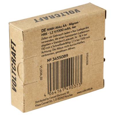 Cardboard box of VOLTCRAFT DE NiMH AA rechargeable batteries, labeled with specifications and barcode.