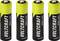 Four yellow-and-black Voltcraft 2602 AA rechargeable batteries standing upright on a white background.