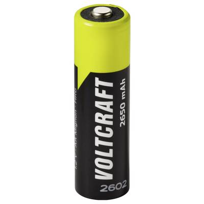 Close-up of a yellow-and-black VOlTCRAFT 2602 2650 mAh rechargeable battery.
