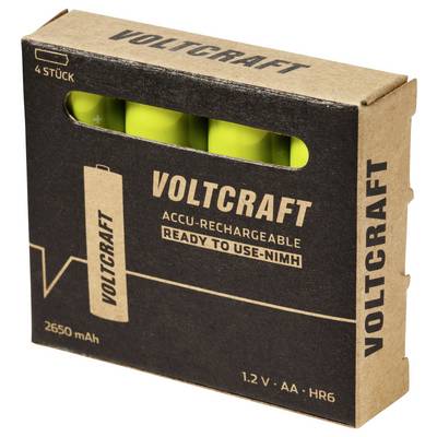 Packaging for VOLTCRAFT rechargeable AA batteries, showing 4 pieces, 2650 mAh, 1.2 V NiMH ready to use.
