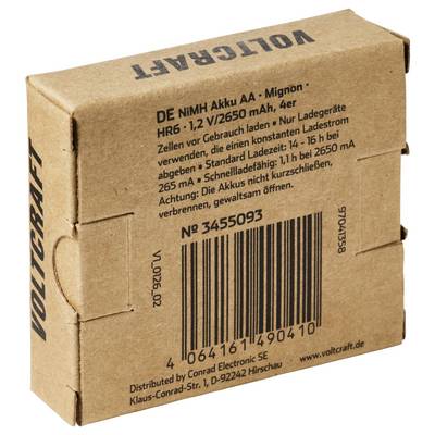 A brown cardboard box for Varta DE NIMH AA rechargeable batteries, with product text and a barcode printed on the front.
