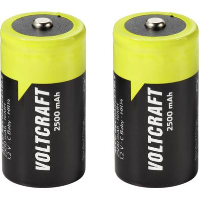 Two black and yellow VOLTCRAFT 2500 mAh rechargeable batteries shown side by side on a white background.