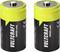 Two black and yellow VOLTCRAFT 10000 mAh rechargeable batteries standing side by side on a white background.