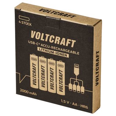 Voltcraft USB rechargeable lithium-ion AA battery pack box, 4-pack, 2000 mAh, 1.5 V HR6.