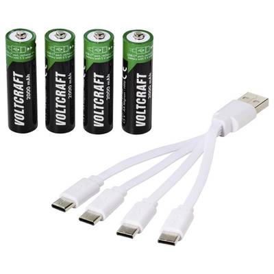 Four Voltcraft 2000 mAh AA batteries shown with a white USB-to-four-connector charging cable splitter.<br>