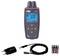 Data logger device with digital display showing readings, accompanied by a USB cable, power adapter, and four AA batteries.