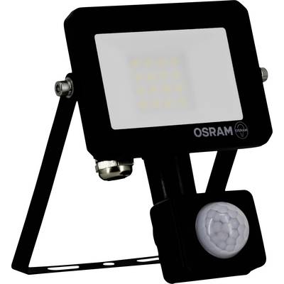 A black floodlight with OSRAM branding, featuring a motion sensor at the bottom, designed for outdoor use with LED lights.