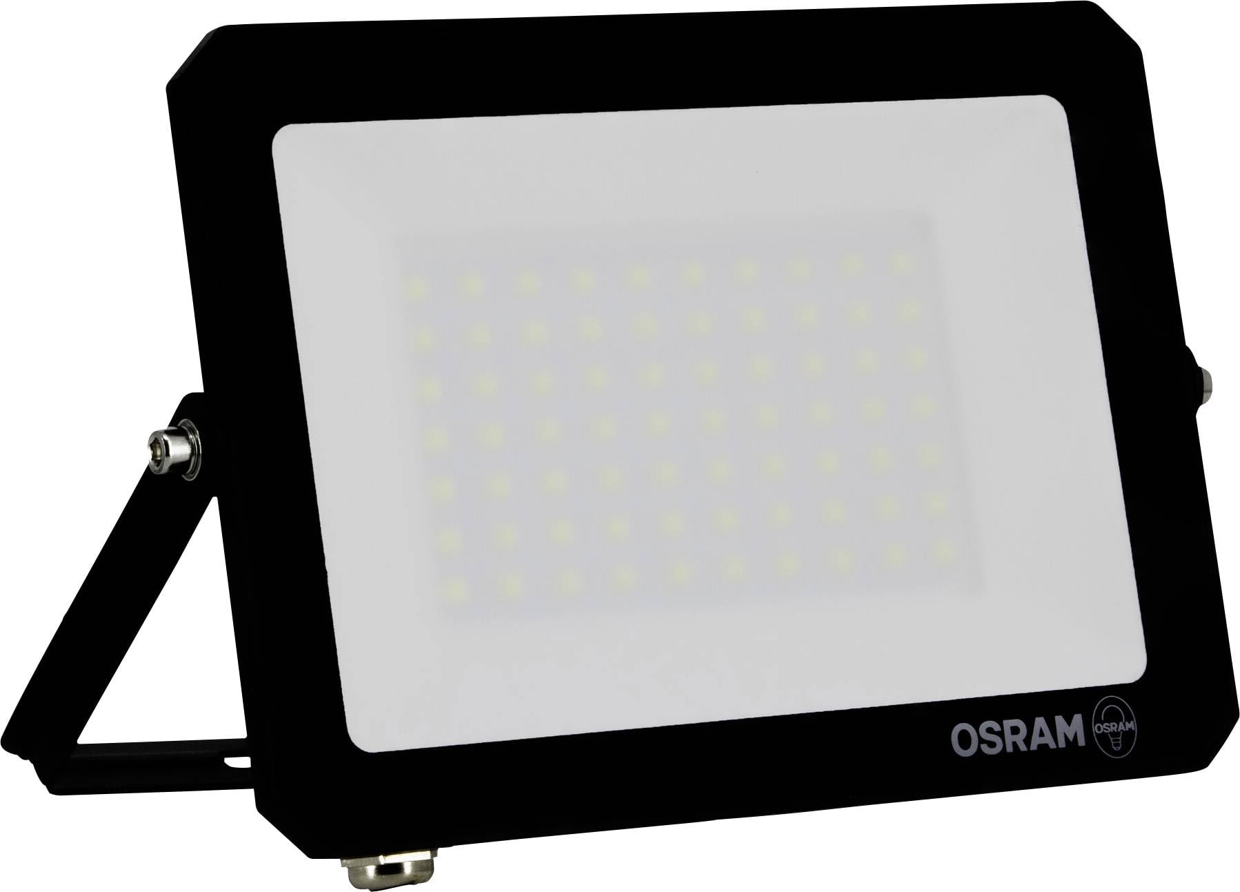 A rectangular black floodlight with a frosted cover, mounted on an adjustable bracket, labeled 'OSRAM' in the bottom right corner.