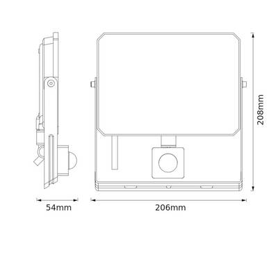 Technical diagram of a rectangular device with dimensions: 206mm width, 208mm height, 54mm depth, viewed from front and side.
