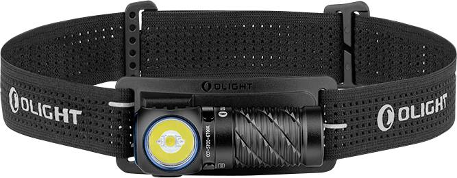 A black headlamp with an adjustable strap, featuring a round, yellow LED light at the front, branded 'Olight' on both sides.