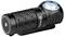 A compact, black flashlight with textured grip and blue trim around the lens, designed for portable use.