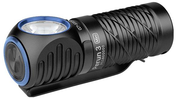 Compact black flashlight with a textured grip, blue accents, and a side clip, labeled 'Perun 3 Mini'.