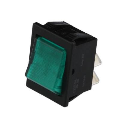 A black rectangular switch with a green button, designed for electronic devices with visible prongs for connection.