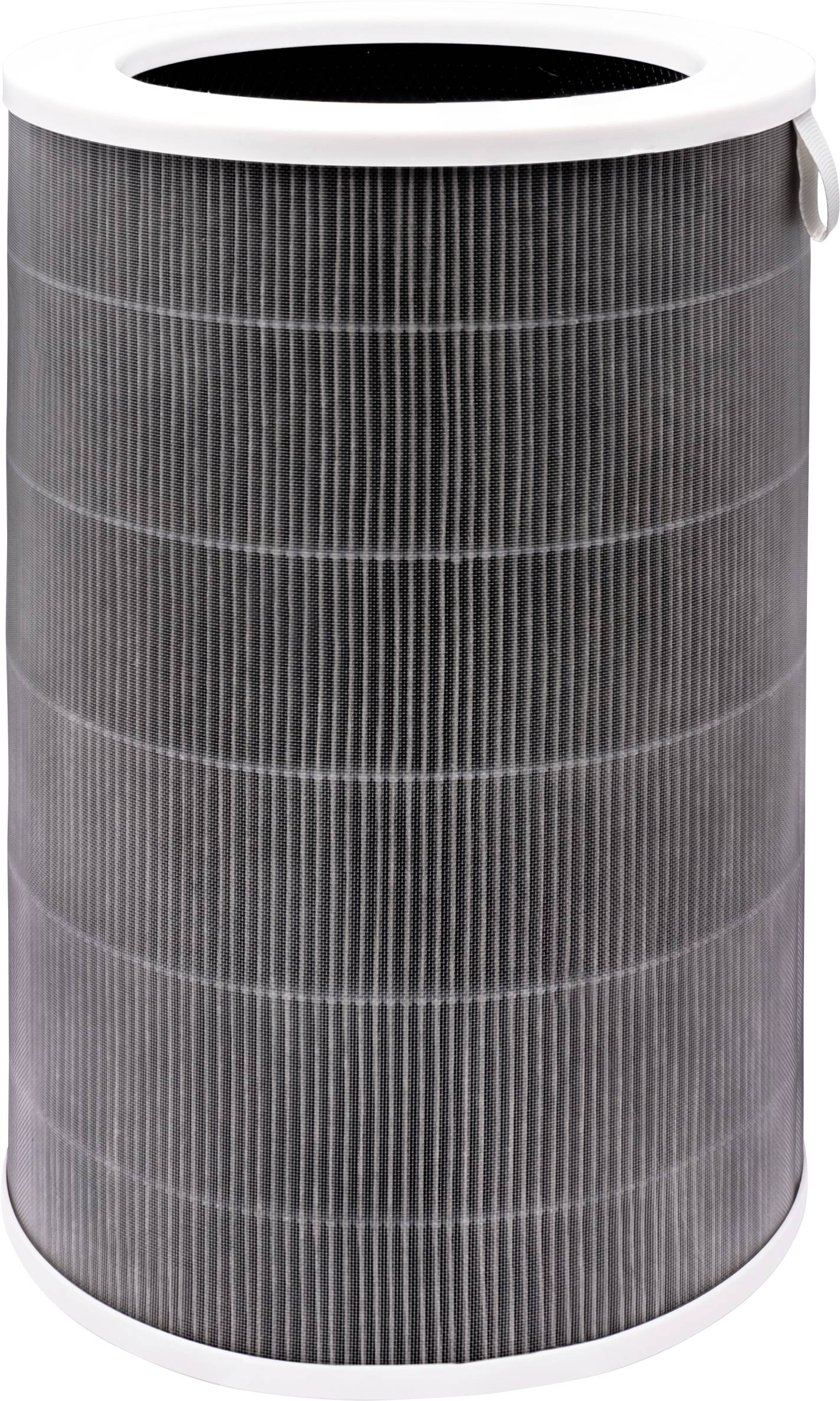 A cylindrical air purifier filter with a white rim and a mesh-like surface, designed to trap dust and allergens.