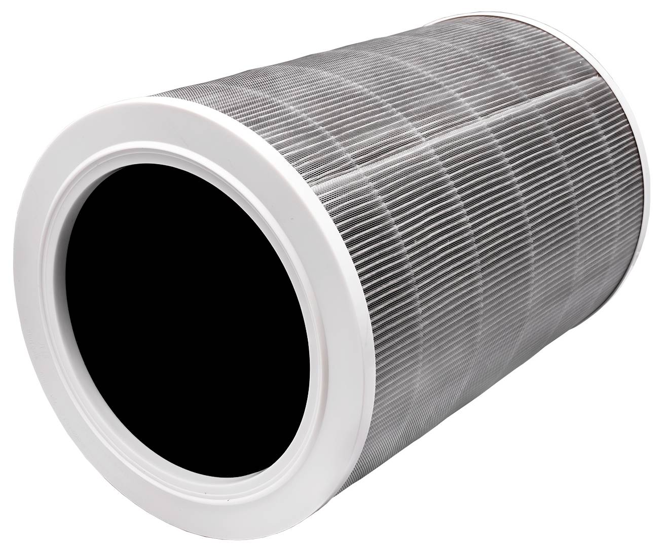 A cylindrical air purifier filter with a woven mesh design and white rims, designed to trap dust and allergens from the air.