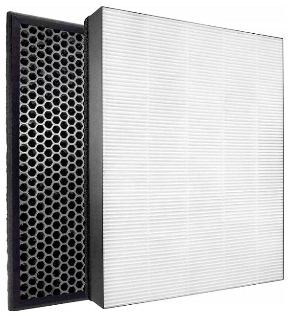 Air purifier filters showing a black carbon filter with a honeycomb pattern next to a white HEPA filter, designed to trap particles and odors.