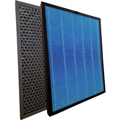 Two rectangular air purifier filters: a black honeycomb activated carbon filter and a blue-striped HEPA filter.