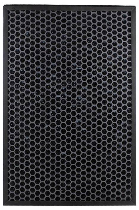 A black, honeycomb-patterned air filter, likely used in air purifiers to trap dust and particles, against a plain background.
