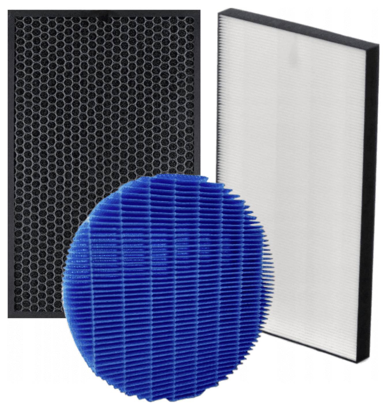 Three types of air filters: a black honeycomb filter, a round blue pleated filter, and a rectangular white filter with a black frame.