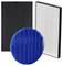 Three types of air filters: a black honeycomb filter, a round blue pleated filter, and a rectangular white filter with a black frame.