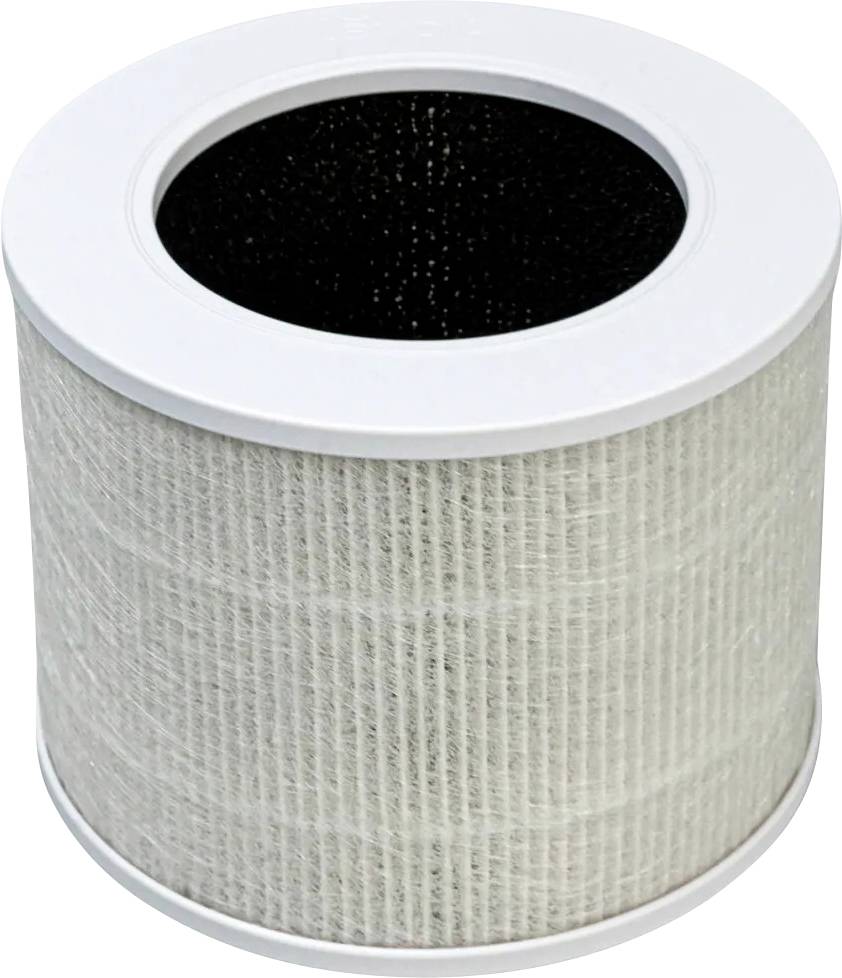 Cylindrical air filter with a white mesh exterior and a black interior, designed to capture dust and allergens for air purification.