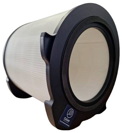 A cylindrical air filter with a black frame and white mesh. The label reads 'Clean' with a filter icon.