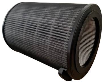A cylindrical air filter with pleated paper, designed for purifying air in HVAC systems, stands upright on its circular base.
