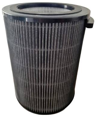 A cylindrical air purifier filter with vertical pleats designed to trap dust and allergens.