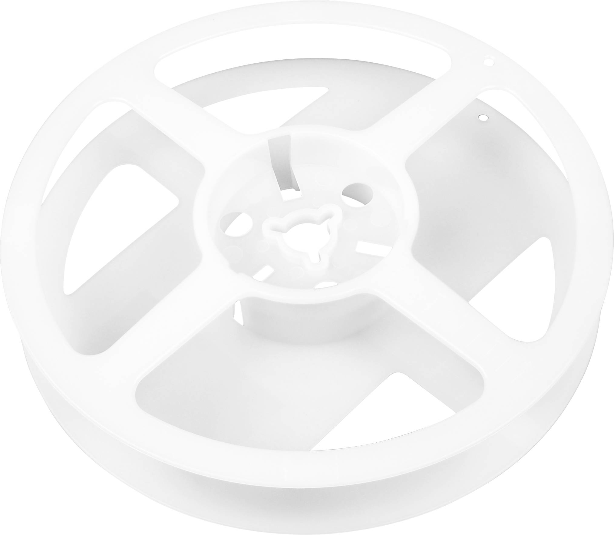 A white plastic spool with four spokes and a hollow center, typically used for holding 3D printer filament.