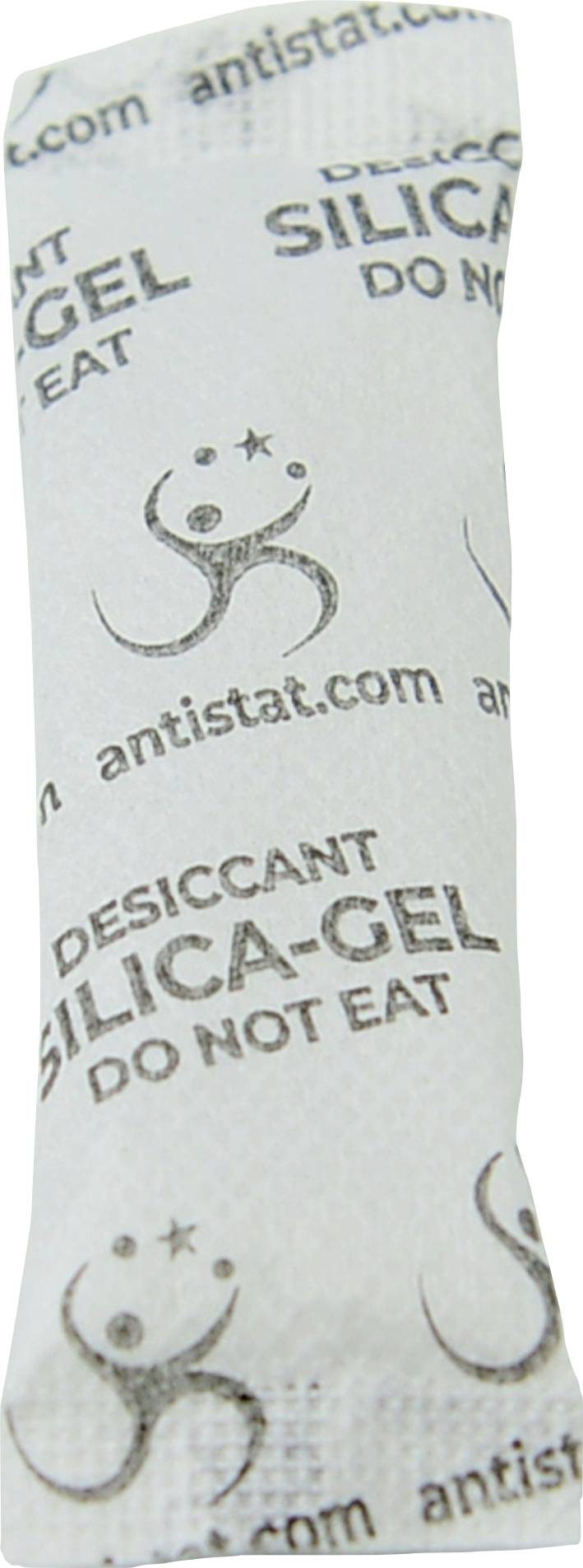 A small packet labeled 'Silica Gel Desiccant - Do Not Eat' used for moisture absorption, with the website 'antistat.com' printed on it.
