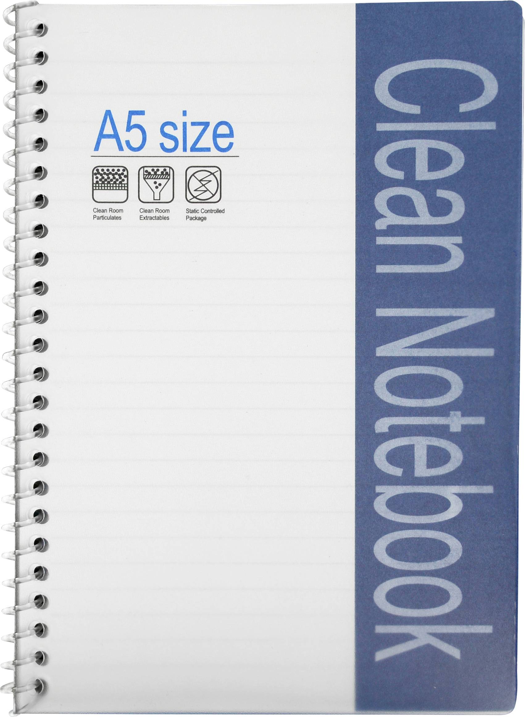 A spiral-bound A5 notebook with a blue vertical stripe reading 'Clean Notebook'. It features icons for clean room, class, and dust control.