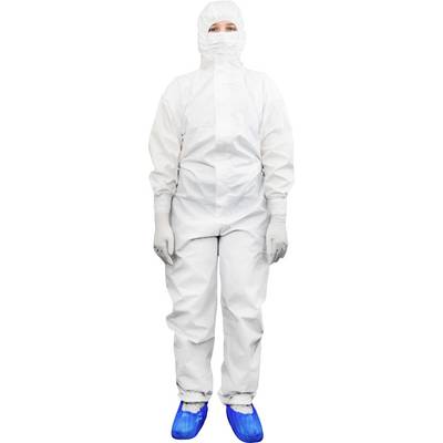 A person wearing a full white protective suit, including hood, gloves, and blue shoe covers, standing facing forward.