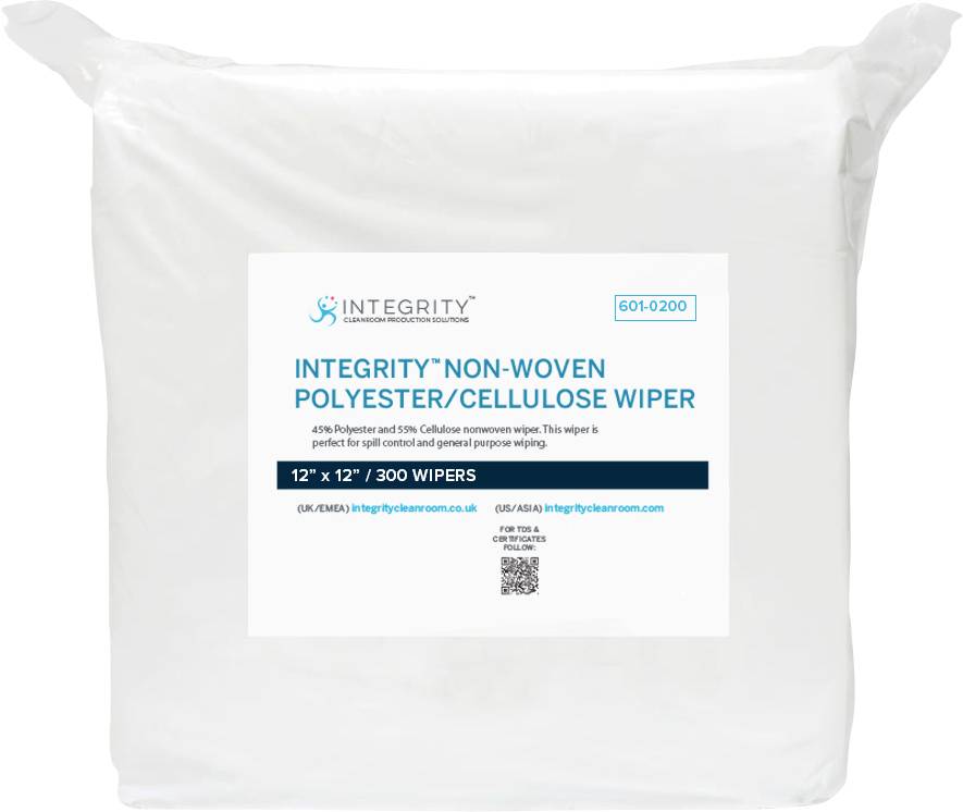 'Integrity' non-woven polyester/cellulose wiper packaging. 12"x12", 300 wipes per pack. 45% polyester, 55% cellulose for various uses.