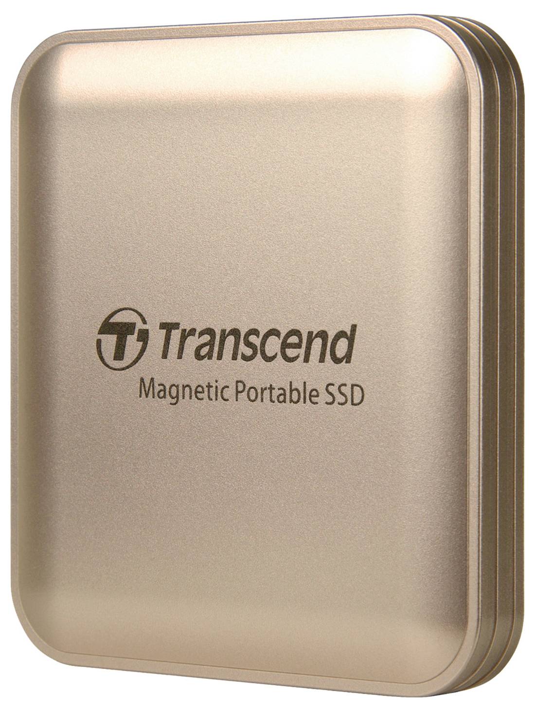A gold-colored Transcend Magnetic Portable SSD with a sleek, rounded design.