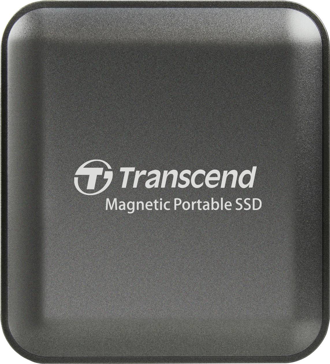 'Transcend Magnetic Portable SSD' logo on a sleek, square black device, indicating a compact and portable storage solution.