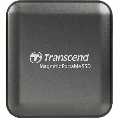 'Transcend Magnetic Portable SSD' logo on a sleek, square black device, indicating a compact and portable storage solution.