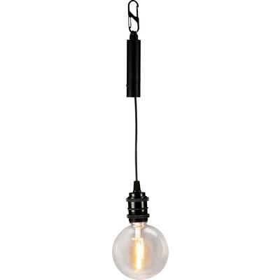 A hanging light bulb with a black cord and clip, lit and glowing with a warm light, showcasing a modern, minimalist design.