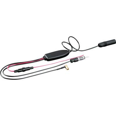 An FM antenna adapter cable with black and red wires, connectors, and a central module, used for integrating car radios with vehicle antennas.